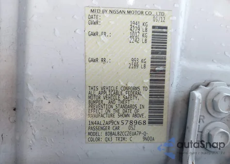 2012 Nissan Altima 2.5 S from USA, damaged, VIN 1N4AL2AP9CN578968